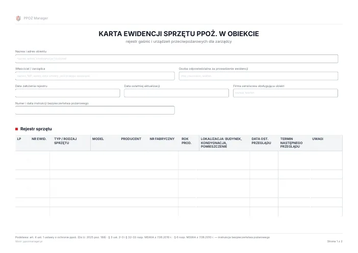 Podgląd: Karta ewidencji sprzętu przeciwpożarowego