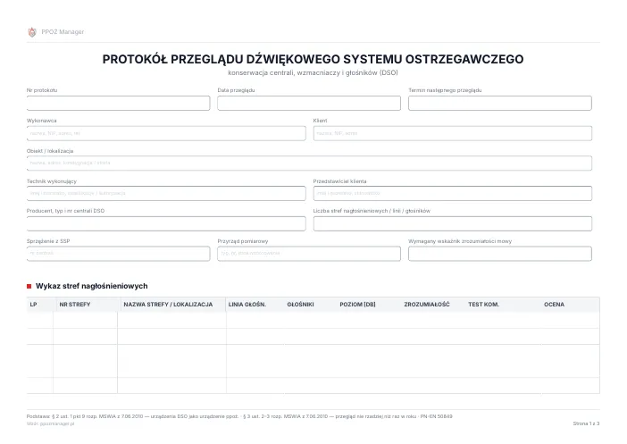 Podgląd: Protokół przeglądu dźwiękowego systemu ostrzegawczego (DSO)