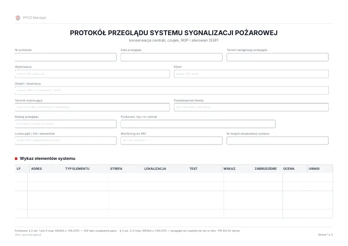 Podgląd: Protokół przeglądu systemu sygnalizacji pożarowej